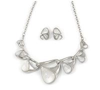 Abstract Milky White Glass Teardrops Necklace & Stud Earrings Set/Rhodium Plated/ 41cm Long/ 8cm Extender