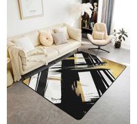 Abstract Modern Area Rug Geometric Art Aesthetic Simple Indoor Floor Mats Entrance Rugs for Kids Boys Girls Room Decor,Black and Gold Non Slip Absorbent Carpets, 6'6" x 4'11" (Rectangular)