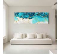 Abstract Modern Marble Water Patterns Canvas Wall Art - Teal Framed Decoration Prints for Bathroom Art, Modern Office, High Definition Water Resistant Wall Decor 140 x 70 cm