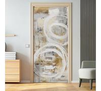 Abstract Modern Self Adhesive Door Stickers, 3D Peel and Stick, Circles Geometric Pattern Waterproof Door Decal Vinyl Wall Murals Gold Grey Removable Mural for Home Décor, 95 x 215 cm