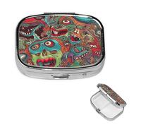 Abstract Monster Pill Box 2 Compartment Square Portable Pill Case for Pocket or Purse Small Weekly Medicine Planner Travel Pillbox with Mirror Decorative Metal Vitamin Holder Gifts