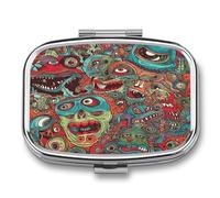 Abstract Monster Pill Case 2 Compartment Metal Small Pill Box Travel Pill Organizer Portable Medicine Container Mini Daily Medication Holder for Vitamin Container Fish Oil