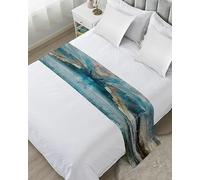 Abstract Mottled Turquoise Green Gray Art Bed Runners for Bedroom Hotel,Decorative Bedding Scarf Retro Painting Bed End Blanket Bedding Runner Scarves for Queen Size Bed,94x20in