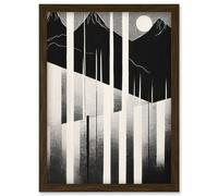 Abstract Mountain Landscape Lake Sunrise Linocut Artwork Framed Wall Art Print A4 Artery8 Brown One Size