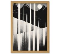 Abstract Mountain Landscape Lake Sunrise Linocut Artwork Framed Wall Art Print A4 Artery8 Light Oak One Size