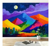 Abstract Mountain Lines and Trees Art Photo Wallpaper, Color Non-Woven Mural Living Room Wall Decoration, 150 x 105 cm Photo Mural for Bedroom TV Backdrop Wall Decor