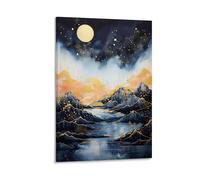 Abstract Mountain Painting on Canvas Wall Art Watercolor Navy Blue Landscape Gold Moon Stretched And Framed Canvas Prints Artwork for Home Decorations Ready to Hang Wall Decor 16x24inch(40x60cm)