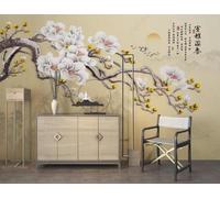 Abstract Mountain Peaks Branches Flowers Flying Birds 3D Wallpaper Luxury Silk Study Dining Feature Sofa Grey Bedroom Living Room Tv Decorative Wall-150cm×105cm
