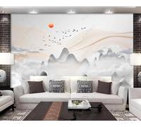 Abstract Mountain Peaks Lines Flying Birds Sunrise 3D Wallpaper Silky Texture Home Study Office Grey Dining Room Sofa Bedroom Living Room TV Backdrop-150cm×105cm