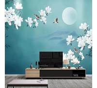 Abstract Mountain Peaks Moon Flowers Flying Birds Modern 3D Wallpaper Premium Textured Silk Neutral Tones Material Ideal for Living Room Bedroom-200cm×140cm