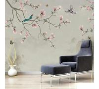 Abstract Mountain Peaks Pink Flowers Flying Birds Modern 3D Wallpaper Premium Textured Silk Neutral Tones Material Ideal for Living Room Bedroom-150cm×105cm