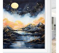 Abstract Mountain Privacy Window Film Watercolor Navy Blue Landscape Gold Moon Stained Glass Window Coverings No Glue Static Cling Window Film for Home Office Stores 45 x 60 cm