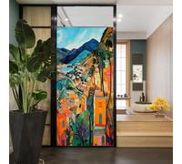 Abstract Mountain Villa Stained Glass Window Film Vibrant Colors Beautiful Scenic Retro Privacy Window Film Glass Door Covering Non-Adhesive Window Stickers for Bathroom Kitchen 23.6Wx35.4L inch