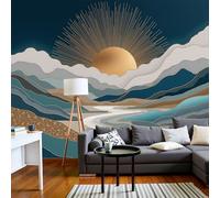 Abstract Mountains and Rivers Photo Wallpaper 300 X 210 Cm, Modern Art Deco Style Non Woven Fabric Wallpaper for Living Rooms, Bedrooms, Kitchens, Foyer, and Offices, Blue-Green