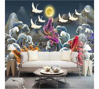 Abstract Multicolour Fish Moon Birds Modern 3D Wallpaper Premium Textured Silk Neutral Tones Material Ideal for Living Room Bedroom-350cm×256cm