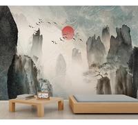 Abstract Murals Oriental Style Landscape Painting Wallpaper for Walls Peaks Cliffs Mountain Wallpaper Red Sun Flying Birds Sky Wall Paper for Kids Bedroom Living Room Boys Room Sofa Tv Background