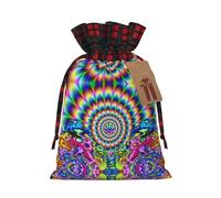 Abstract Mushroom Colorful Mandala Christmas Drawstring Linen Gift Bag Paired With Scottish Plaid Fabric, With A Delicate And Simple Texture