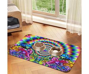 Abstract Mushroom Colorful Mandala Patterned Pet Feeding Mat with Water-Absorbing PU Top & Rubber Base - Anti-Slip Dog Cat Food Mat for Cats, Dogs & Pets, 40x60cm