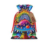 Abstract Mushroom Colorful Mandala Printed Christmas Drawstring Gift Bags-Xmas Wrapping Bags,Candy Bag,For Holiday Party Decorations,Wedding Party Supplies M Red Ribbon
