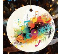 Abstract Music Themed Ceramic Christmas Ornaments - 4 Pcs Rustic Round Xma Tree Decor with Hanging String, Personalized Vintage Double-Sided Holiday Party Decorations for Xmas Gifts