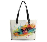 Abstract Music Themed Tote Bag Large Soft Leather Purse with Zipper Lightweight Ladies Shoulder Handbag