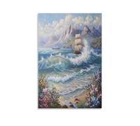 Abstract Nautical Boat Canvas Wall Art, Coastal Floral Watercolor Ocean View Painting Print on Textured Canvas, Wall Poster Artwork for Living Room Bedroom Office Decor Unframe 08x12inch(20x30cm)