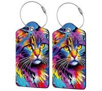 Abstract Ocean Texture Luggage Tags for Suitcases,2 Pack Luggage Tag, Leather Stainless Steel Loop Label Tag for Women Girl Travel Bag Suitcase, Colorful Cat, 3" x 4" (76mm x 102mm)