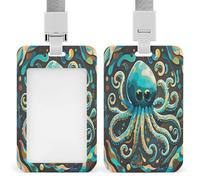 Abstract Octopus Badge Holder ID Badge Card Holder Wallet Case Sturdy Lanyard Badge Protector Vertical Plastic Card Case Protector Pouch with Clear Window ID Holder