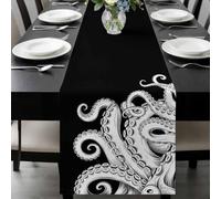 Abstract Octopus Table Runner 13x72 Inches Long Vintage Gray White Octopus Touches Black Background Cotton Linen Table Runner Burlap Style for Dinner Table Party Decor Tabletop Decorations