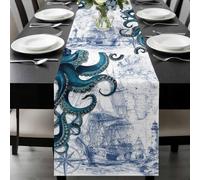 Abstract Octopus Table Runner 14x72 Inches Long Vintage Green Octopus Touches Sailing Boat Cotton Linen Table Runner Burlap Style for Dinner Table Party Decor Tabletop Decorations