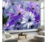 Abstract Oil Painting Daisy Butterfly Murals Purple Photo Wallpaper, Non-Woven Wall Murals for Bedroom Living Room Decor 350x256cm Kids Room Background Wall Decorative (Not Self-Adhesive)