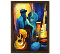 Abstract Oil Painting Jazz Blues Musician With Instruments Artwork Framed Wall Art Print A4 Artery8 Brown One Size