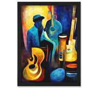Abstract Oil Painting Jazz Blues Musician With Instruments Artwork Framed Wall Art Print A4 Artery8 Black One Size