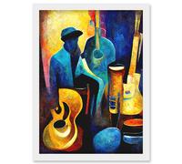 Abstract Oil Painting Jazz Blues Musician With Instruments Artwork Framed Wall Art Print A4 Artery8 White One Size