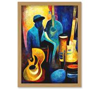 Abstract Oil Painting Jazz Blues Musician With Instruments Artwork Framed Wall Art Print A4 Artery8 Light Oak One Size