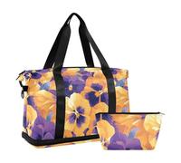 Abstract Orange Purple Pansies Flowers Multifunctional Large Gym Bag Large Carry On Airport Bag with Toiletry Bag for Workout