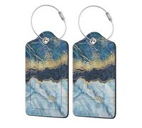 Abstract Paint Gold Glitter Blue Marble,Luggage Tags Pu Leather Name Tag Travel Suitcase Identifier ID Tags Durable Luggage Label 2 pcs