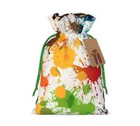 Abstract Paint Splashes Christmas Gift Bags with Tags & Ribbon Ties, Xmas Drawstring Candy Treat Bag Christmas Gifts Sacks Reusable Gift Wrapping Bags for Holiday Party Favors Small