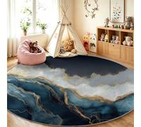 Abstract Painted Round Area Rug 160 cm - Soft Washable Non-Slip | Blue Circular Carpet with Fluid Gold Lines Pattern for Living Room, Bedroom, Dining Room & Home Décor
