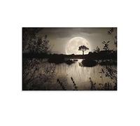 Abstract Painting Canvas Wall Art Big Moon over Lake in Dark Forest Modern Canvas Painting Landscape Picture Peaceful Jungle Poster Artwork Modern Home Artwork 30x40cm No Frame