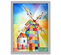 Abstract Patchwork Windmill Old Amsterdam Folk Art Artwork Framed Wall Art Print A4 Artery8 Light Grey One Size