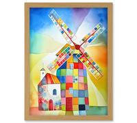 Abstract Patchwork Windmill Old Amsterdam Folk Art Artwork Framed Wall Art Print A4 Artery8 Light Oak One Size