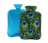 Abstract Peacock Feathers Pattern Hot Water Bottle with Cover, 2L PVC Hot Water Bag with Soft Cover, Reusable Heating Pad for Pain Relief Warm Hands Waist Abdomen Feet & Bed