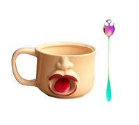Abstract Personality Ceramic Mug with 3D Tongue Face, Funny Sculpted Expression Coffee Cup with Spoon, Creative Novelty Drinkware, Decorative Ceramic Mug for Home & Office