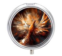 Abstract Phoenix Travel Pill Box Case 3 Compartment Cute Pill Organizer Metal Pill Holder with Mirror Small Medicine Organizer Daily Pill Container for Purse Pocket Portable Meds Box