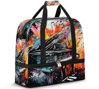 Abstract Piano Travel Duffel Bag for Women Men, Watercolor Music Notes Foldable Sports Gym Bag Weekend Overnight Totes Carry on Cabin Bag with Shoes Compartment