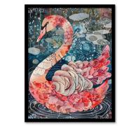 Abstract Pink Flower Swan Artwork Enchanted Lake Framed Art Print Artery8 Blue W12 inch x H16 inch