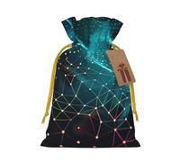 Abstract Polygonal Space Printed Christmas Drawstring Bags for Party Xmas Gift Wrapping, Yellow Christmas Ribbon, S