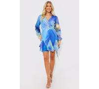 Abstract Print Chiffon Wrap Godet Frill Mini Dress In The Style Blue 6