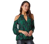 Roman Originals Abstract Print Cold Shoulder Stretch Top for Women UK - Ladies Everyday Autumn Winter Round Neckline Comfy Soft Evening Vacation Work Party Night Out - Forest Green - Size 16